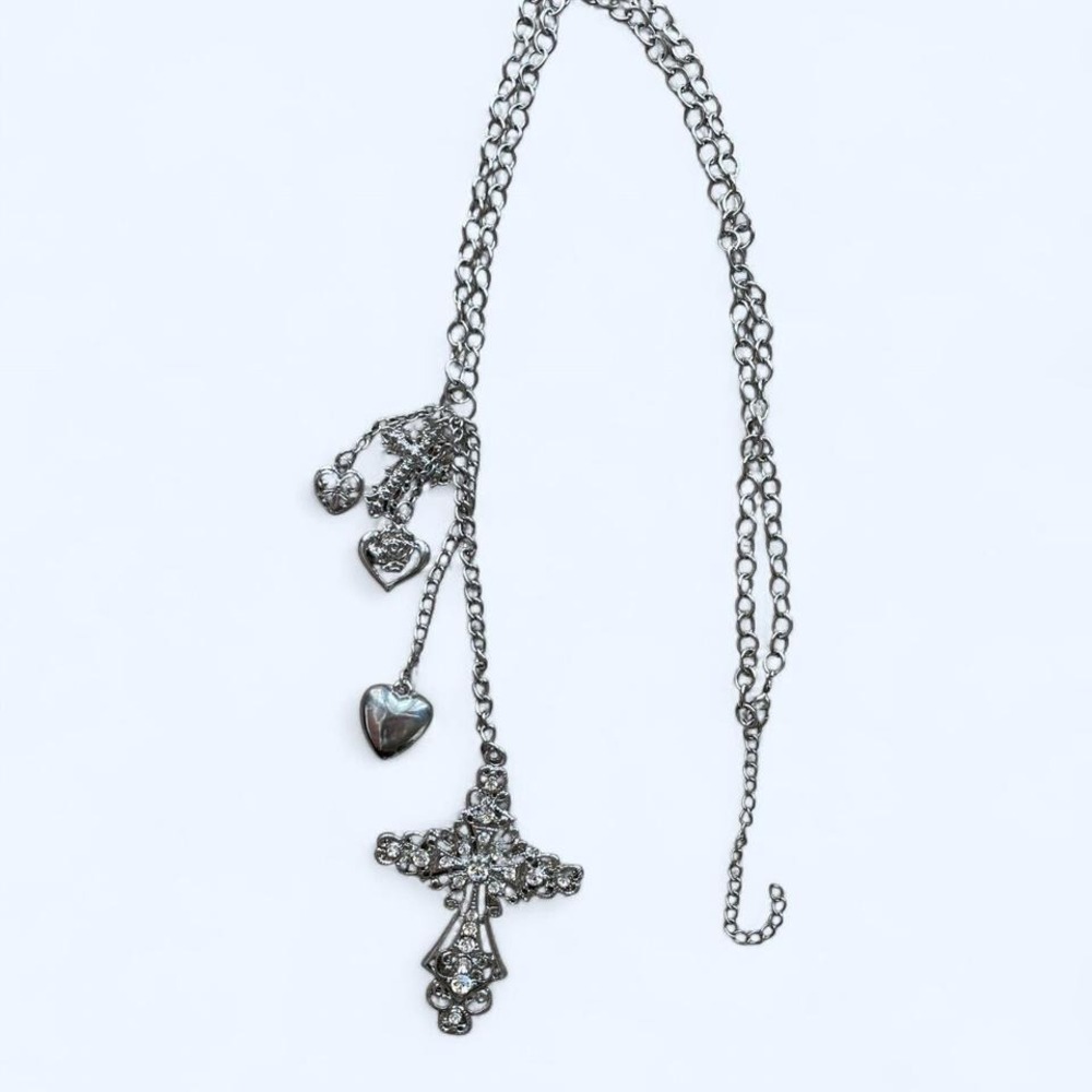 Silver cross necklace‎ with heart charms